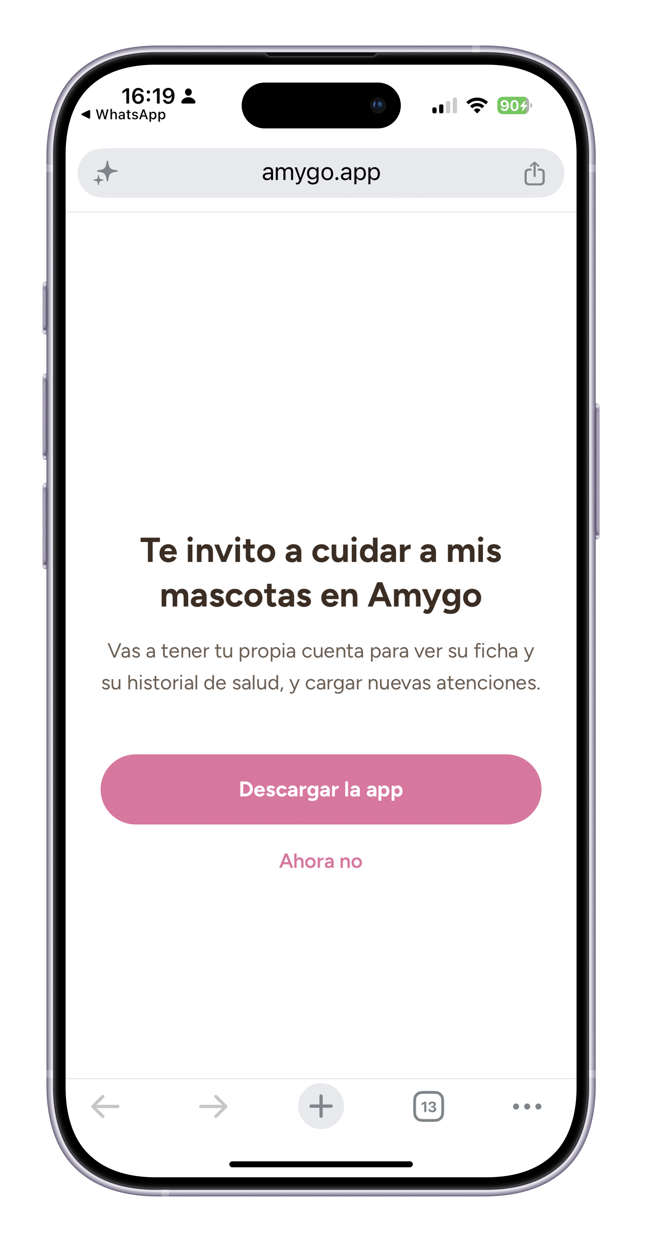 Mensaje de WhatsApp invitando a un co-tutor en Amygo