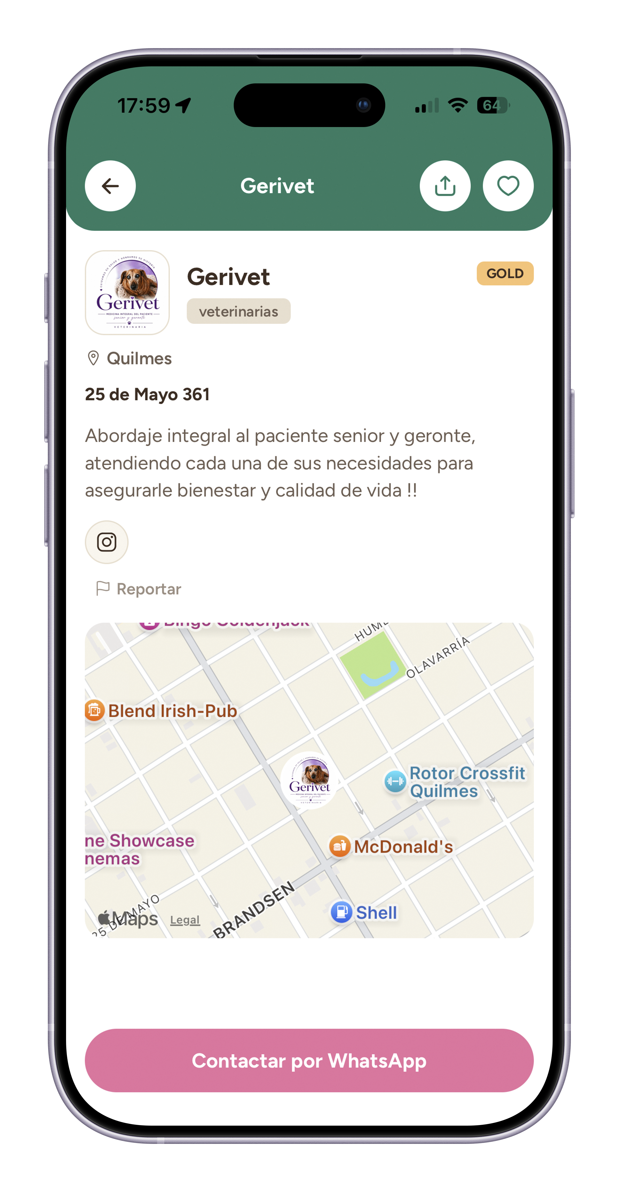 Ficha de un negocio veterinario en el directorio Market de Amygo