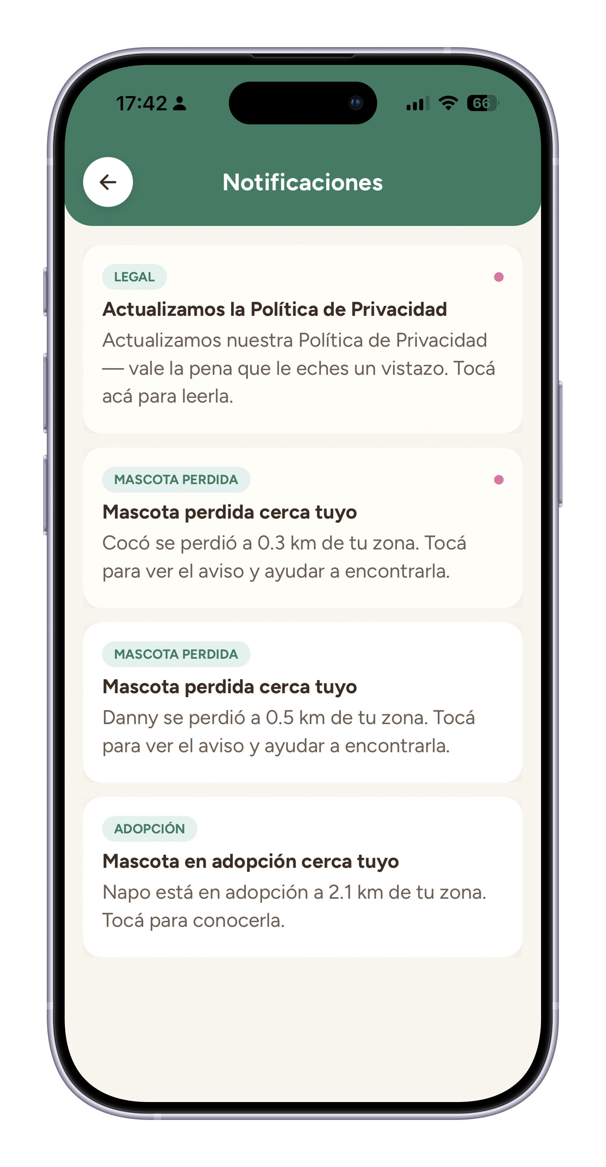 Pantalla de notificaciones de Amygo mostrando avisos de veterinarios y de una mascota perdida cerca