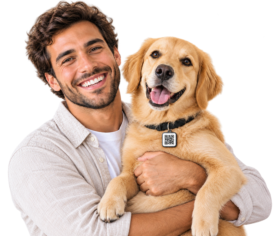 Tutor abrazando a su perro con la placa Amygo PASS en el collar
