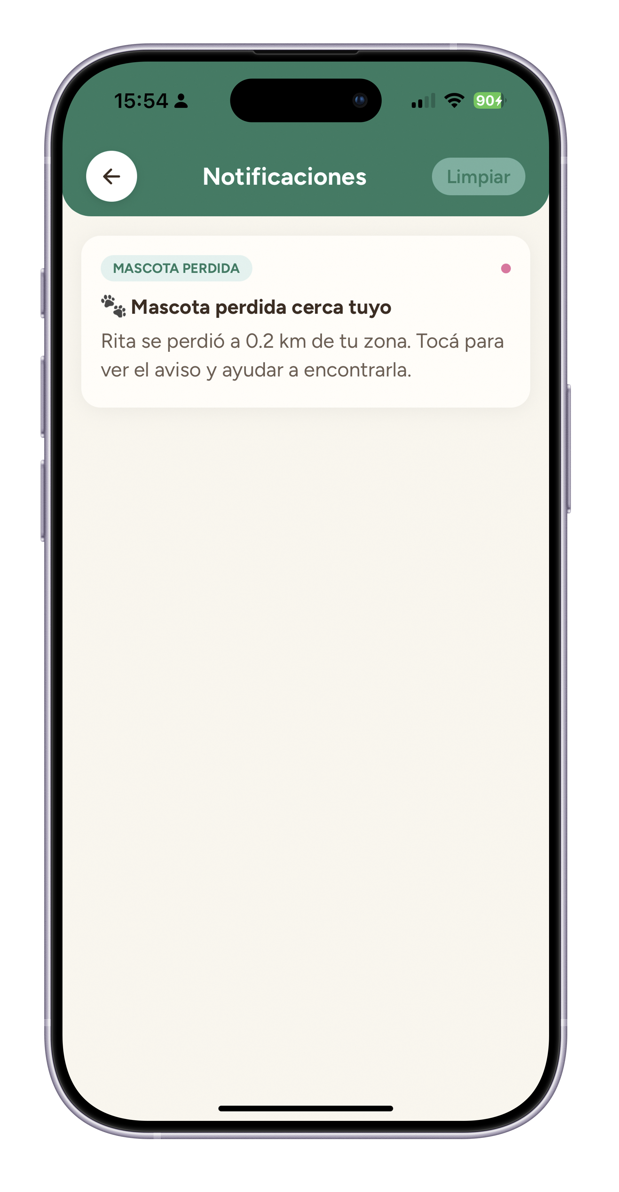 Notificación de Amygo avisando que una mascota se perdió cerca